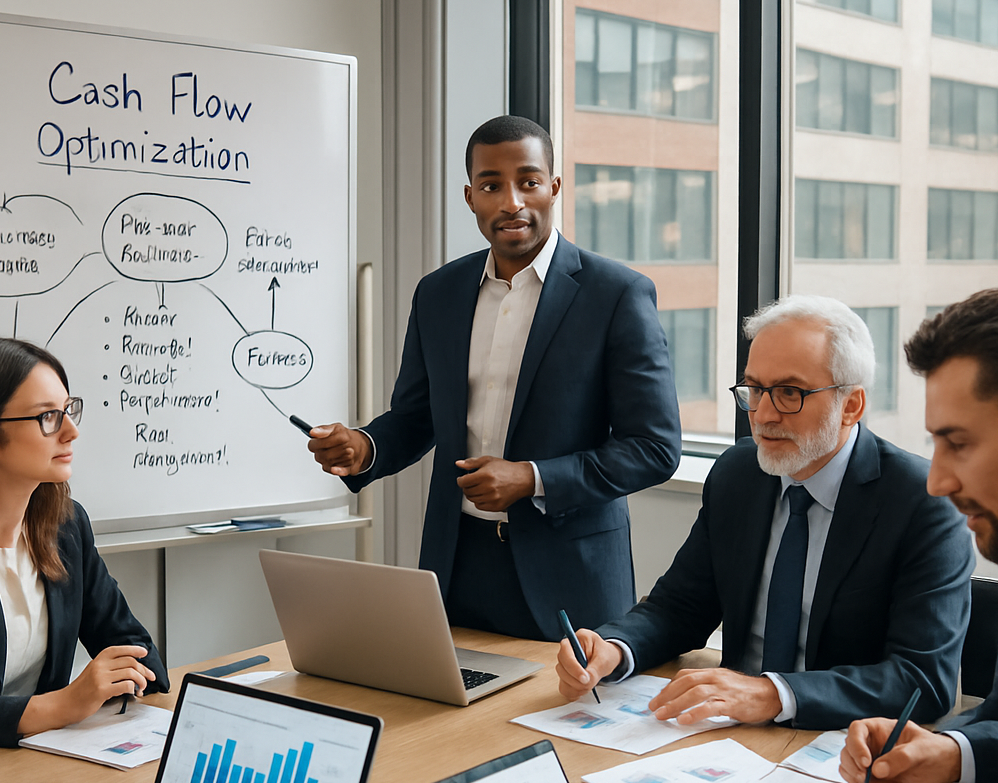 A professional office environment featuring a diverse group of business professionals engaged in a financial strategy meeting The scene includes a large conference table with laptops financial reports and graphs displayed on screens A whiteboard is f-1