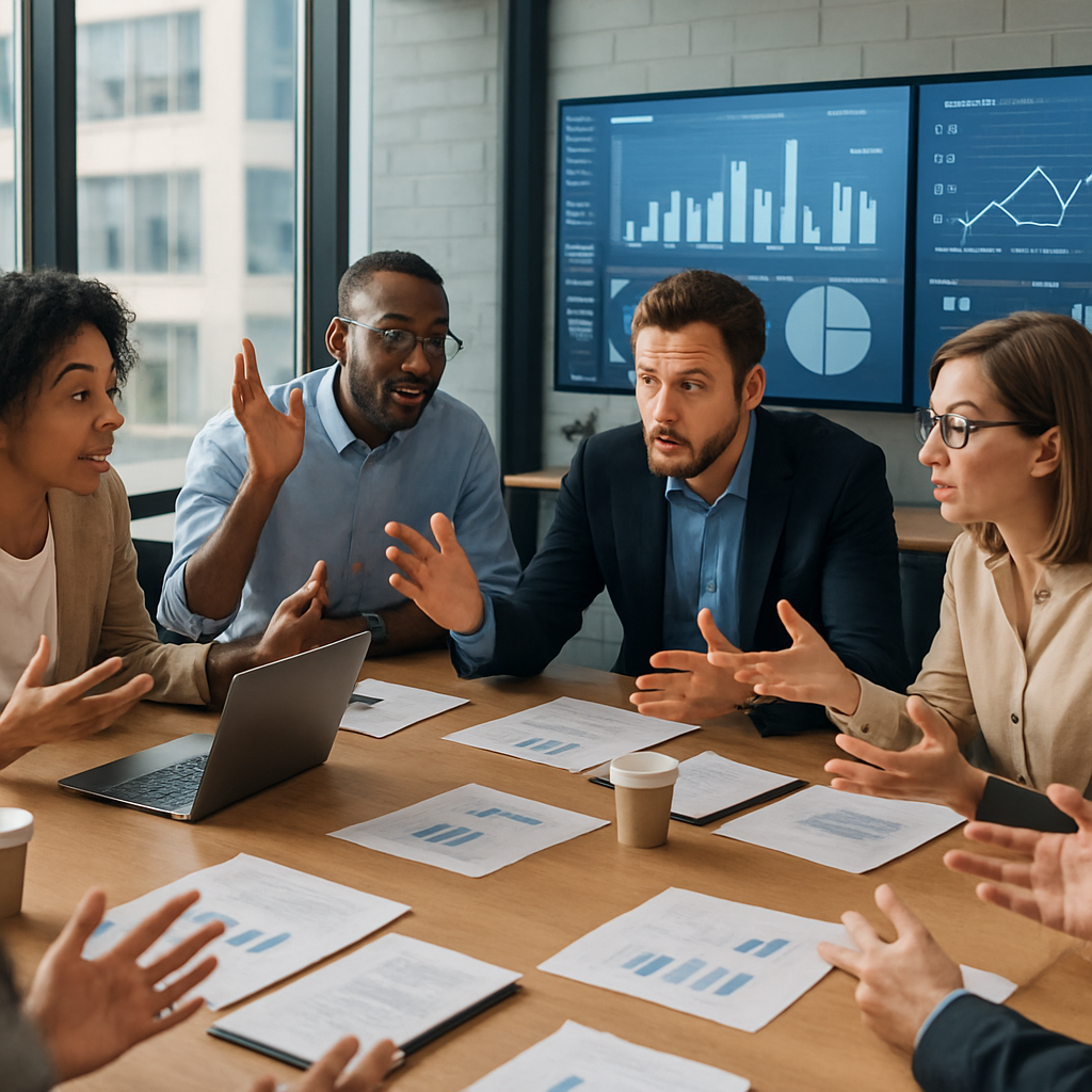 The image depicts a modern office environment characterized by a large conference table surrounded by diverse individuals engaged in animated discussions Bright natural light streams through expansive windows illuminating charts and graphs displayed