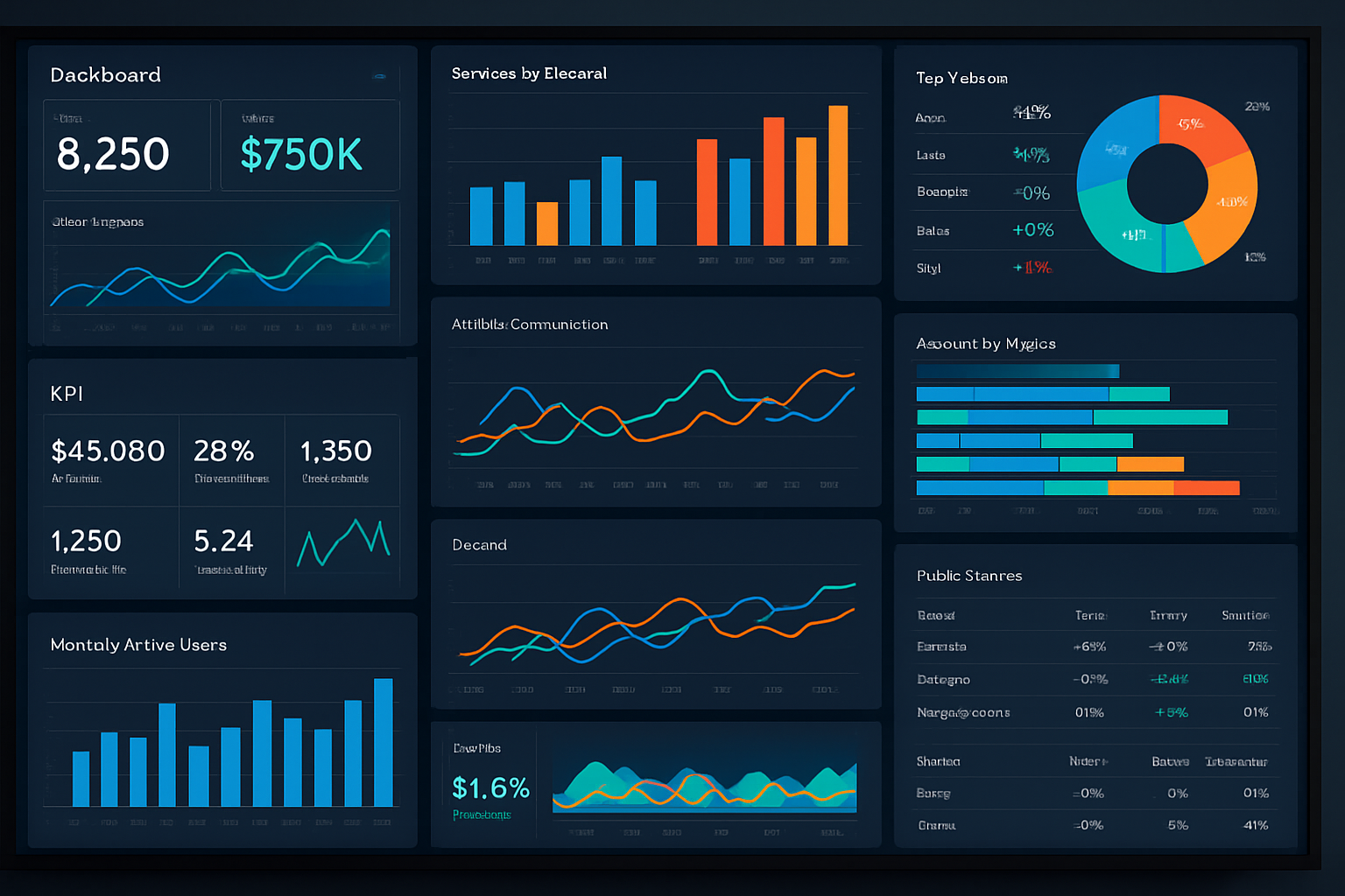 The image features a data visualization screen filled with a variety of analytics dashboards that present key performance indicators and data insights. These dashboards may include colorful graphs, charts, and tables, all designed to effectively communicate complex information at a glance, allowing users to track trends, make comparisons, and derive actionable insights from the data displayed.