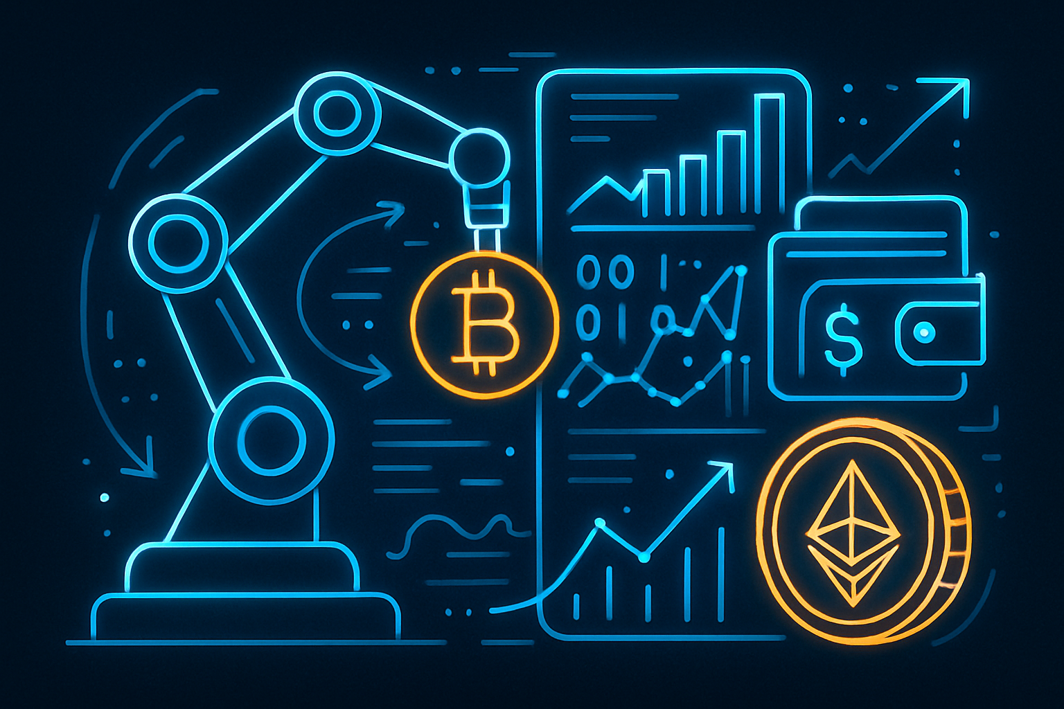 The image portrays a dynamic scene symbolizing the integration of automation and cutting-edge financial technologies. It features sleek, futuristic graphics that illustrate automated processes, such as robotic arms or digital interfaces, alongside elements representing innovative financial solutions, like cryptocurrency symbols, digital wallets, and advanced data analytics. This visual combination emphasizes the seamless interaction between technology and finance, highlighting the efficiency and modernization brought about by automation in the financial sector.